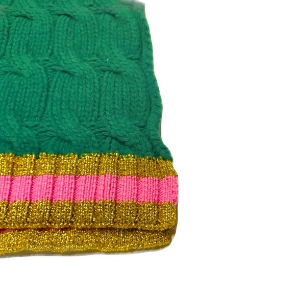 Auth Gucci Green Wool Cable Knit Scarf Pink Metallic Gold Knit Trim Ex+ Stole - Picture 9 of 11